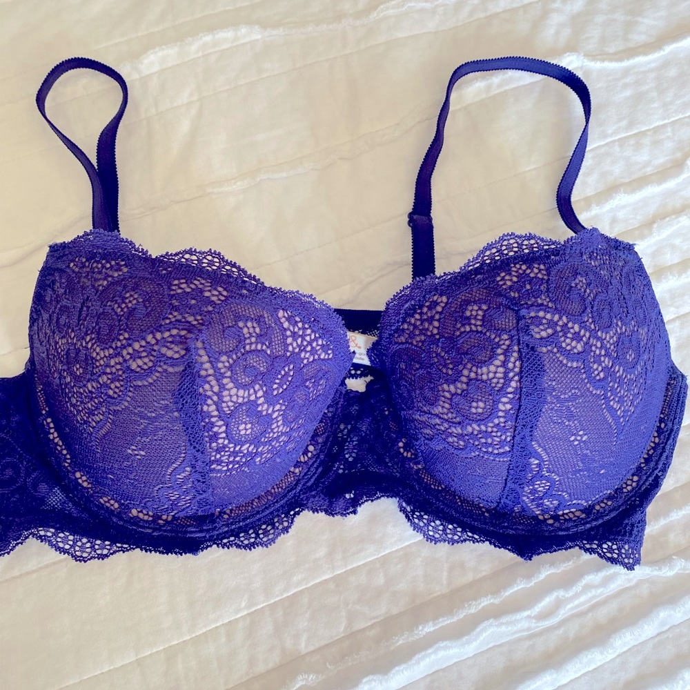 Royal blue lace, push up bra 36B